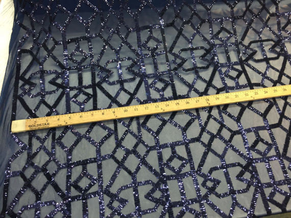 4 Way Stretch Geometric Sequins Navy Mesh Lace Fabric Dress Fashion Sold By The Yard