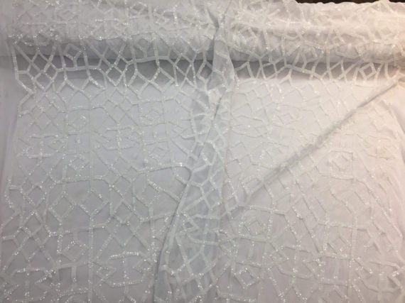 4 Way Stretch Geometric Sequins White Mesh Lace Fabric Dress Fashion Sold By The Yard