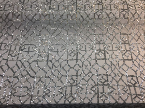 4 Way Stretch Geometric Sequins Silver Mesh Lace Fabric Dress Fashion Sold By The Yard