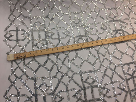 4 Way Stretch Geometric Sequins Silver Mesh Lace Fabric Dress Fashion Sold By The Yard