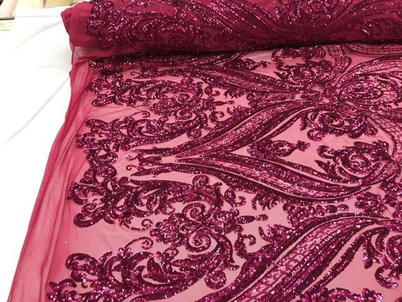 Big Damask Sequins Fabric - Fuchsia - 4 Way Stretch Damask Sequins Design Fabric By Yard