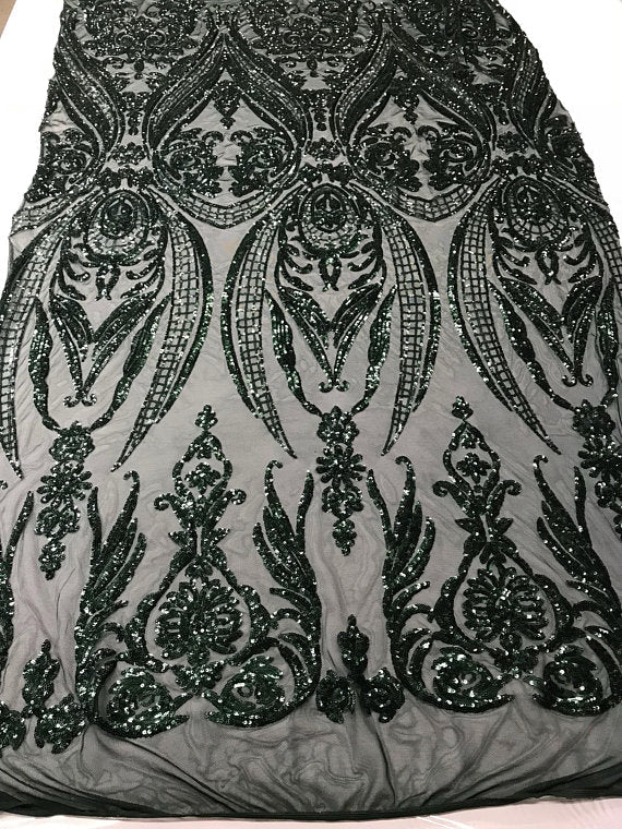 Big Damask Sequins Fabric - Hunter Green - 4 Way Stretch Damask Sequins Design Fabric By Yard