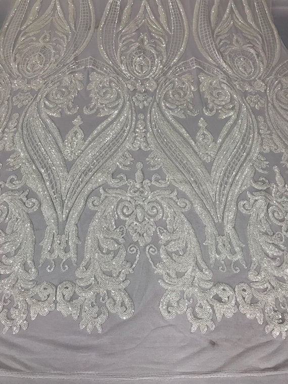 Big Damask Sequins Fabric - White - 4 Way Stretch Damask Sequins Design Fabric By Yard