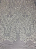Big Damask Sequins Fabric - White - 4 Way Stretch Damask Sequins Design Fabric By Yard