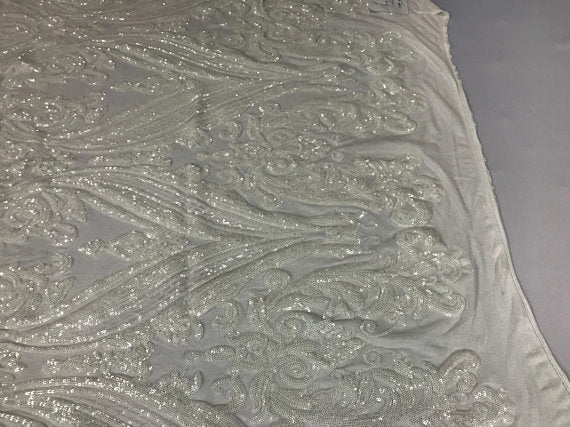 Big Damask Sequins Fabric - Ivory  - 4 Way Stretch Damask Sequins Design Fabric By Yard