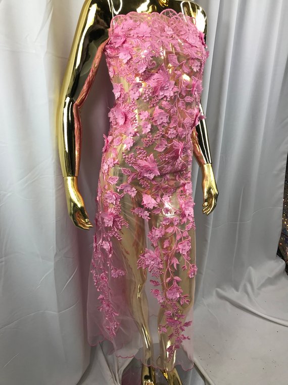 Gum Pink 3D Floral Design Embroider With Pearls On A Mesh Lace Dresses-Prom-Nightgown By Yard