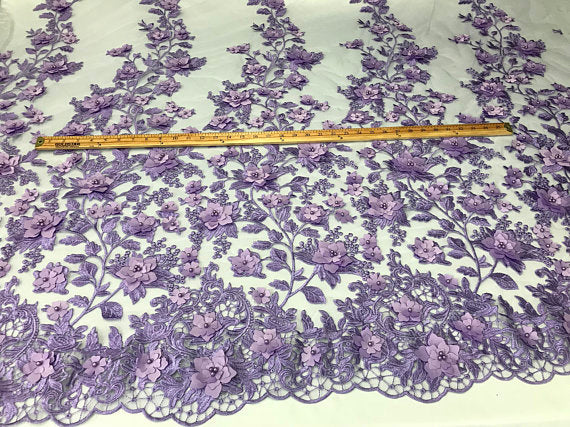 Lilac 3D Floral Design Embroider With Pearls On A Mesh Lace Dresses-Prom-Nightgown By Yard