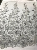 Flower 3D Fabric - Silver - Embroided Fabric Flower Pearls and Leaf Decor Sold by The Yard
