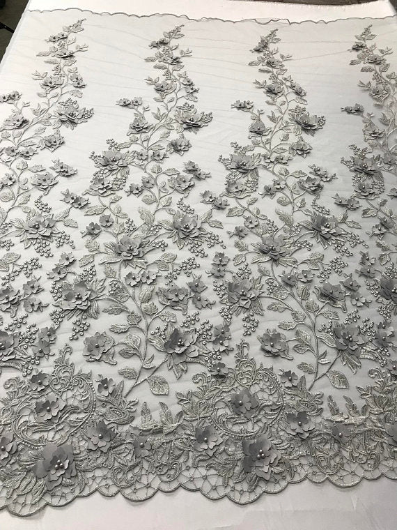 Flower 3D Fabric - Silver - Embroided Fabric Flower Pearls and Leaf Decor Sold by The Yard