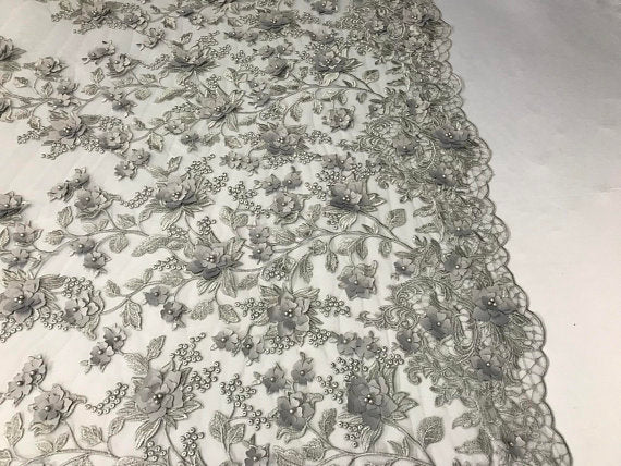 Flower 3D Fabric - Silver - Embroided Fabric Flower Pearls and Leaf Decor Sold by The Yard