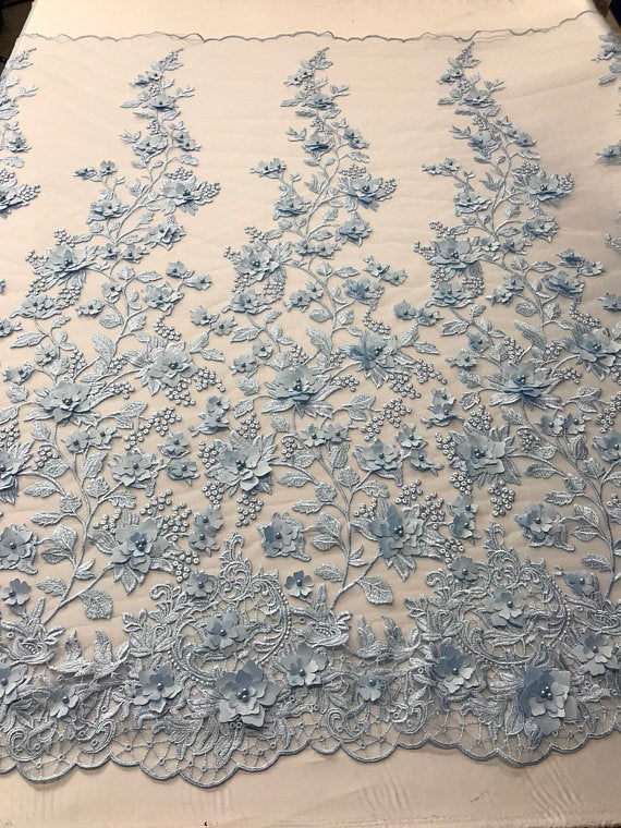 Light Blue 3D Floral Design Embroider With Pearls On A Mesh Lace Dresses-Prom-Nightgown By Yard