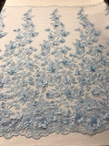 Light Blue 3D Floral Design Embroider With Pearls On A Mesh Lace Dresses-Prom-Nightgown By Yard