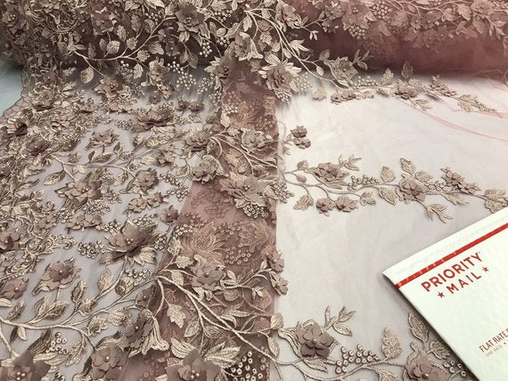 Dusty Rose 3D Floral Design Embroider With Pearls On A Mesh Lace Dresses-Prom-Nightgown 5 Samples