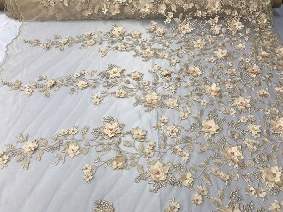 Champagne 3D Floral Design Embroider With Pearls On A Mesh Lace Dresses-Prom-Nightgown By Yard