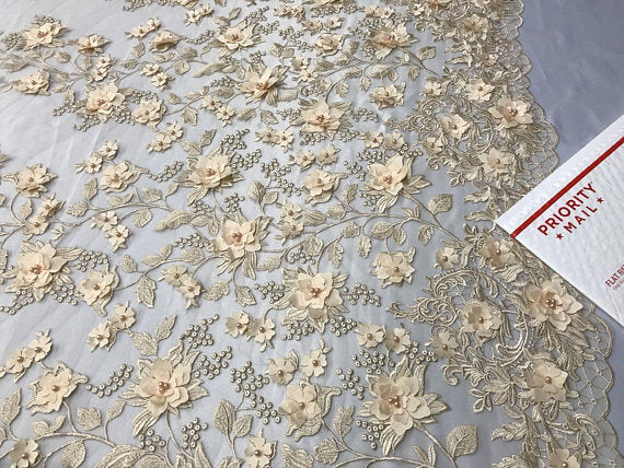 Champagne 3D Floral Design Embroider With Pearls On A Mesh Lace Dresses-Prom-Nightgown By Yard