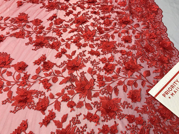 Red 3D Floral Design Embroider With Pearls On A Mesh Lace Dresses-Prom-Nightgown By Yard