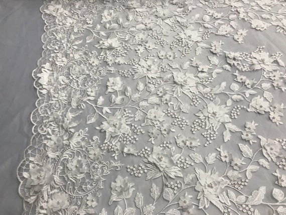 White 3D Floral Design Embroider With Pearls On A Mesh Lace Dresses-Prom-Nightgown By Yard