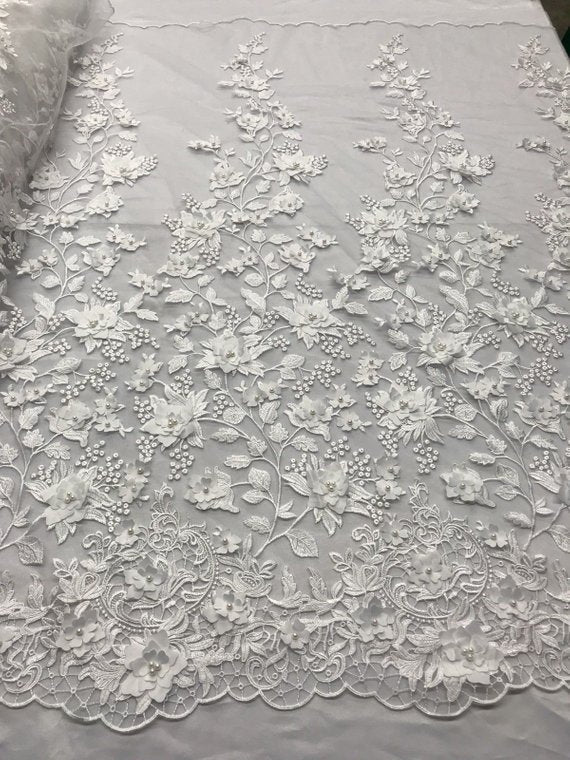 White 3D Floral Design Embroider With Pearls On A Mesh Lace Dresses-Prom-Nightgown By Yard