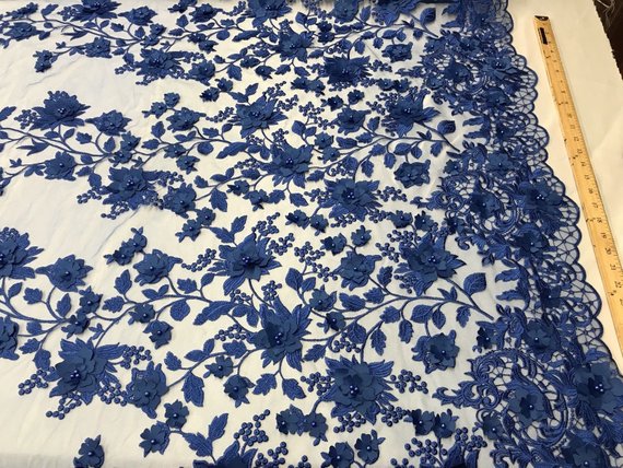 Royal Blue 3D Floral Design Embroider With Pearls On A Mesh Lace Dresses-Prom-Nightgown By Yard