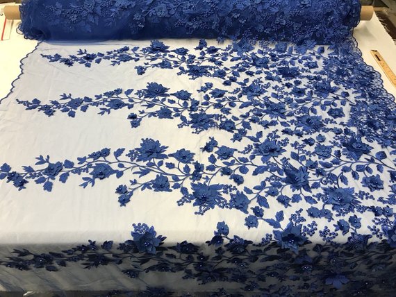 Royal Blue 3D Floral Design Embroider With Pearls On A Mesh Lace Dresses-Prom-Nightgown By Yard