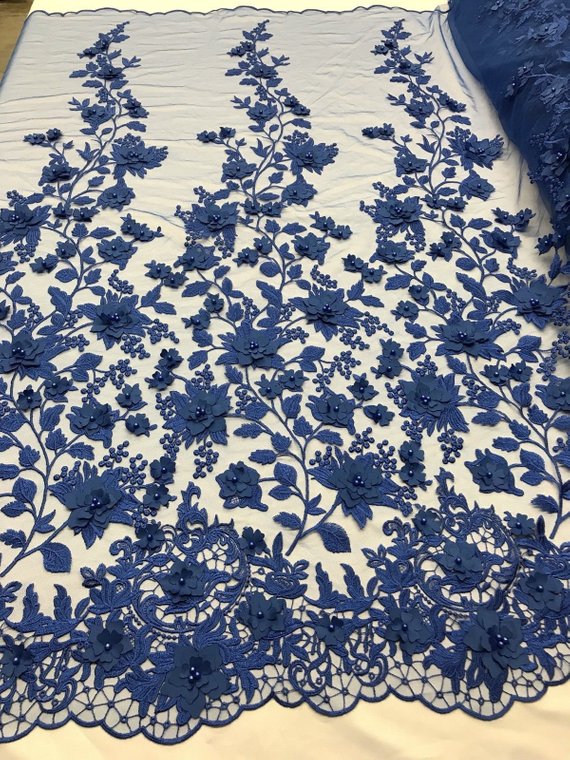 Royal Blue 3D Floral Design Embroider With Pearls On A Mesh Lace Dresses-Prom-Nightgown By Yard