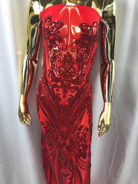 Big Damask Sequins Fabric - Red - 4 Way Stretch Damask Sequins Design Fabric By Yard