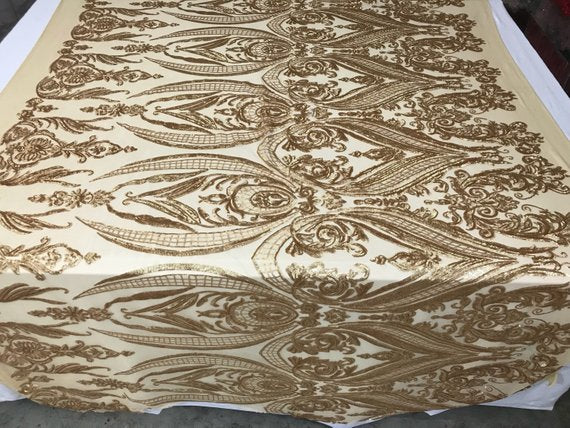 Big Damask Sequins Fabric - Matte Gold - 4 Way Stretch Damask Sequins Design Fabric By Yard