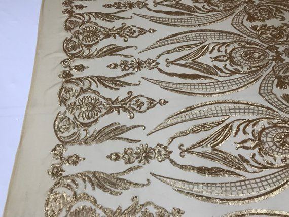 Big Damask Sequins Fabric - Matte Gold - 4 Way Stretch Damask Sequins Design Fabric By Yard
