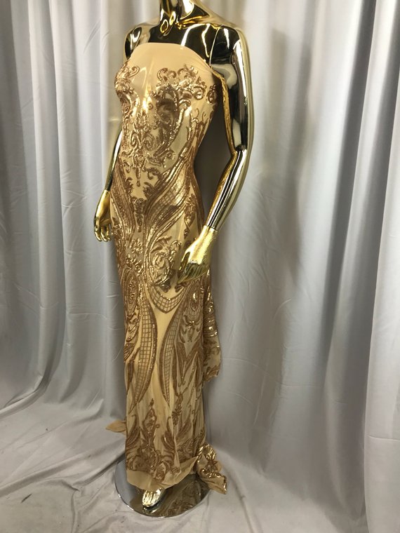 Big Damask Sequins Fabric - Matte Gold - 4 Way Stretch Damask Sequins Design Fabric By Yard