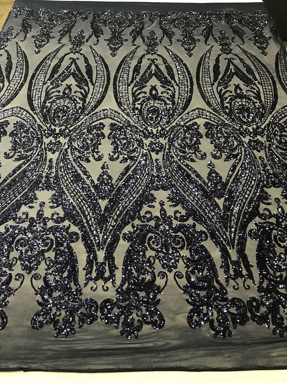 Big Damask Sequins Fabric - Navy Blue - 4 Way Stretch Damask Sequins Design Fabric By Yard