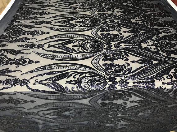 Big Damask Sequins Fabric - Navy Blue - 4 Way Stretch Damask Sequins Design Fabric By Yard
