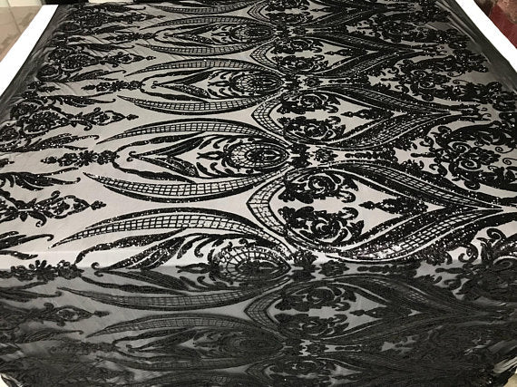 Big Damask Sequins Fabric - Black - 4 Way Stretch Damask Sequins Design Fabric By Yard