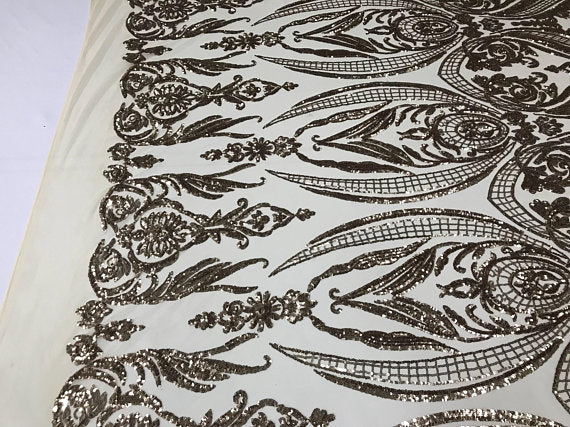 Big Damask Sequins Fabric - Gold - 4 Way Stretch Damask Sequins Design Fabric By Yard