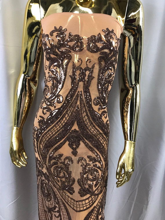Big Damask Sequins Fabric - Rose Gold  - 4 Way Stretch Damask Sequins Design Fabric By Yard
