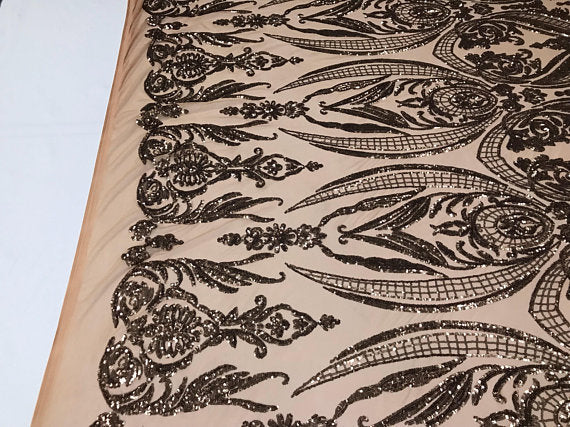 Big Damask Sequins Fabric - Rose Gold  - 4 Way Stretch Damask Sequins Design Fabric By Yard