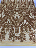 Big Damask Sequins Fabric - Gold - 4 Way Stretch Damask Sequins Design Fabric By Yard