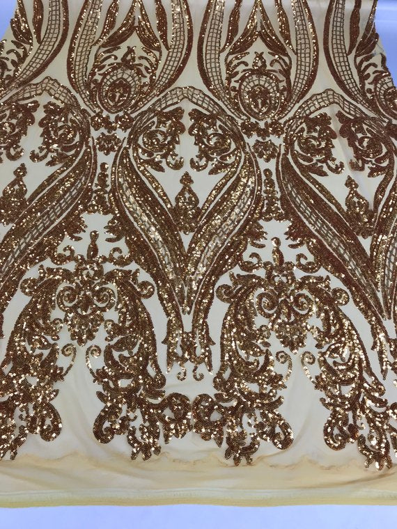 Big Damask Sequins Fabric - Gold - 4 Way Stretch Damask Sequins Design Fabric By Yard