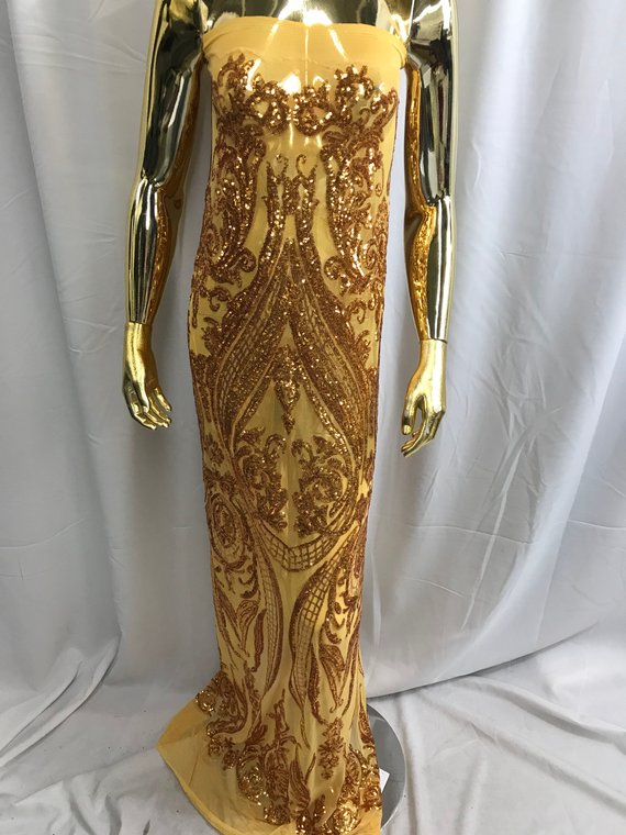 Big Damask Sequins Fabric - Gold - 4 Way Stretch Damask Sequins Design Fabric By Yard
