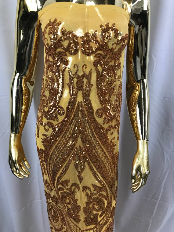 Big Damask Sequins Fabric - Gold - 4 Way Stretch Damask Sequins Design Fabric By Yard