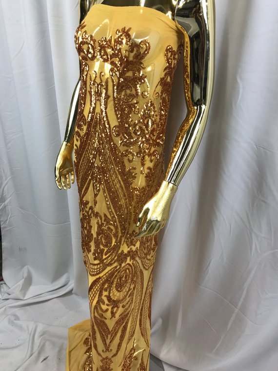 Big Damask Sequins Fabric - Gold - 4 Way Stretch Damask Sequins Design Fabric By Yard