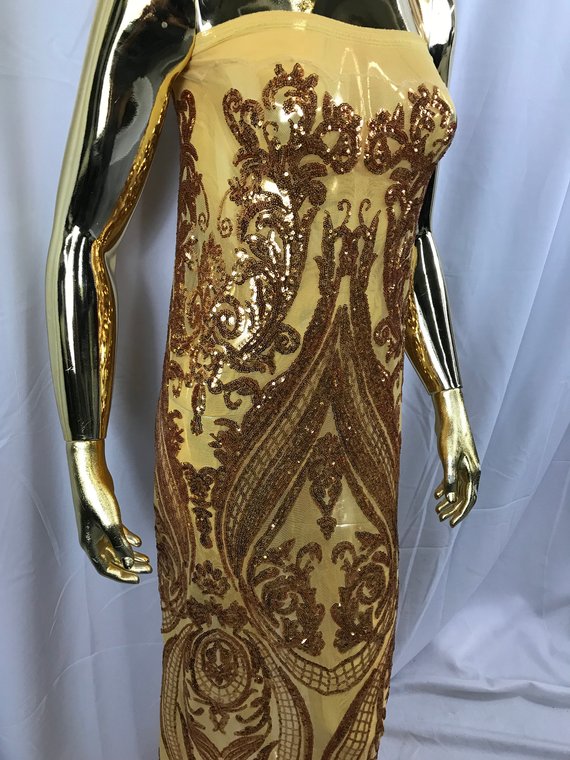 Big Damask Sequins Fabric - Gold - 4 Way Stretch Damask Sequins Design Fabric By Yard