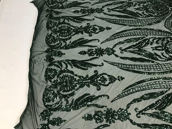 Big Damask Sequins Fabric - Hunter Green - 4 Way Stretch Damask Sequins Design Fabric By Yard