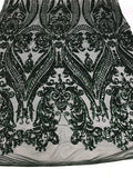 Big Damask Sequins Fabric - Hunter Green - 4 Way Stretch Damask Sequins Design Fabric By Yard