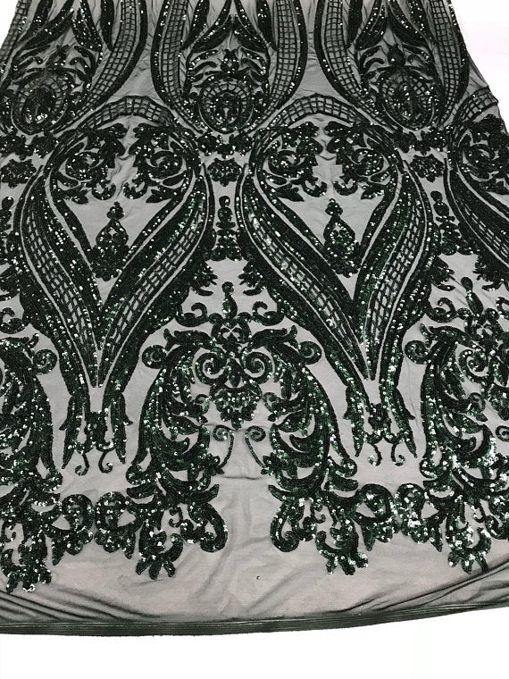 Big Damask Sequins Fabric - Hunter Green - 4 Way Stretch Damask Sequins Design Fabric By Yard