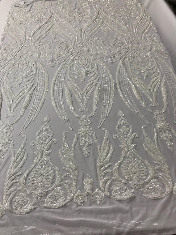 Big Damask Sequins Fabric - White - 4 Way Stretch Damask Sequins Design Fabric By Yard
