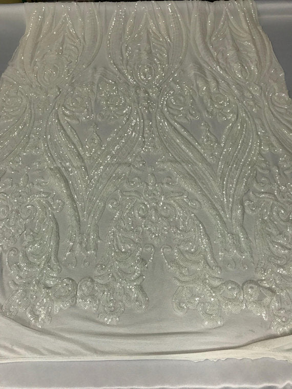 Big Damask Sequins Fabric - Ivory  - 4 Way Stretch Damask Sequins Design Fabric By Yard