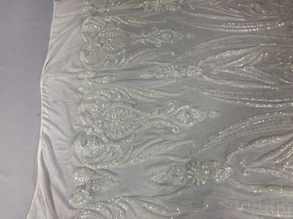 Big Damask Sequins Fabric - Ivory  - 4 Way Stretch Damask Sequins Design Fabric By Yard