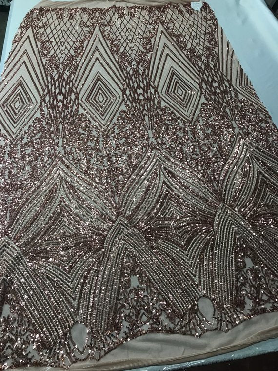 Geometric Sequins Fabric with 4 Way Stretch - Rose Gold -  Elegant Lace  Fabrics Sold By The Yard