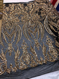 Big Damask Sequins Fabric - Gold - 4 Way Stretch Damask Sequins Design Fabric By Yard
