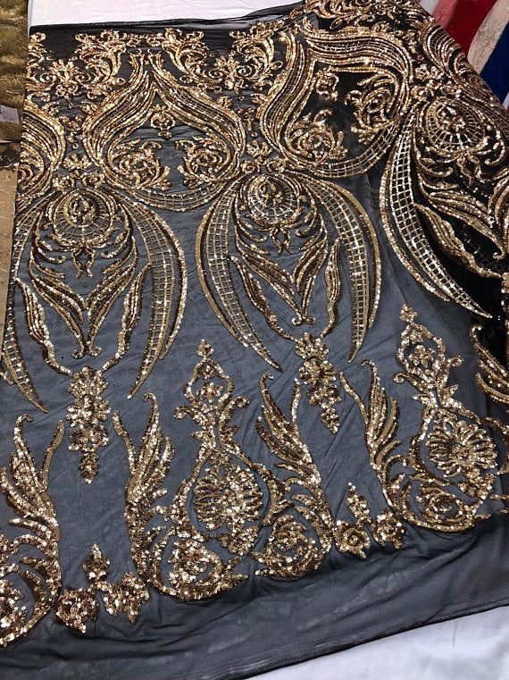 Big Damask Sequins Fabric - Gold - 4 Way Stretch Damask Sequins Design Fabric By Yard